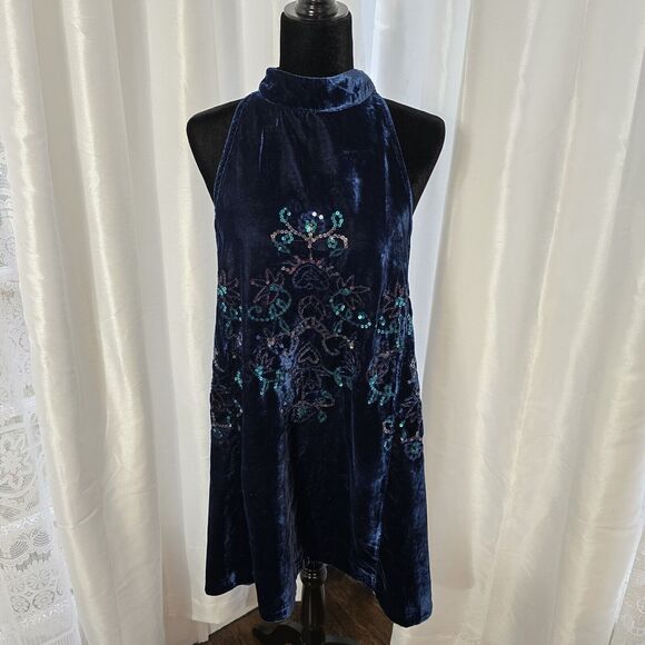 Free People Jill Velvet Sequin Swing Mini Dress Medium Womens Blue Party Dress - Picture 1 of 12